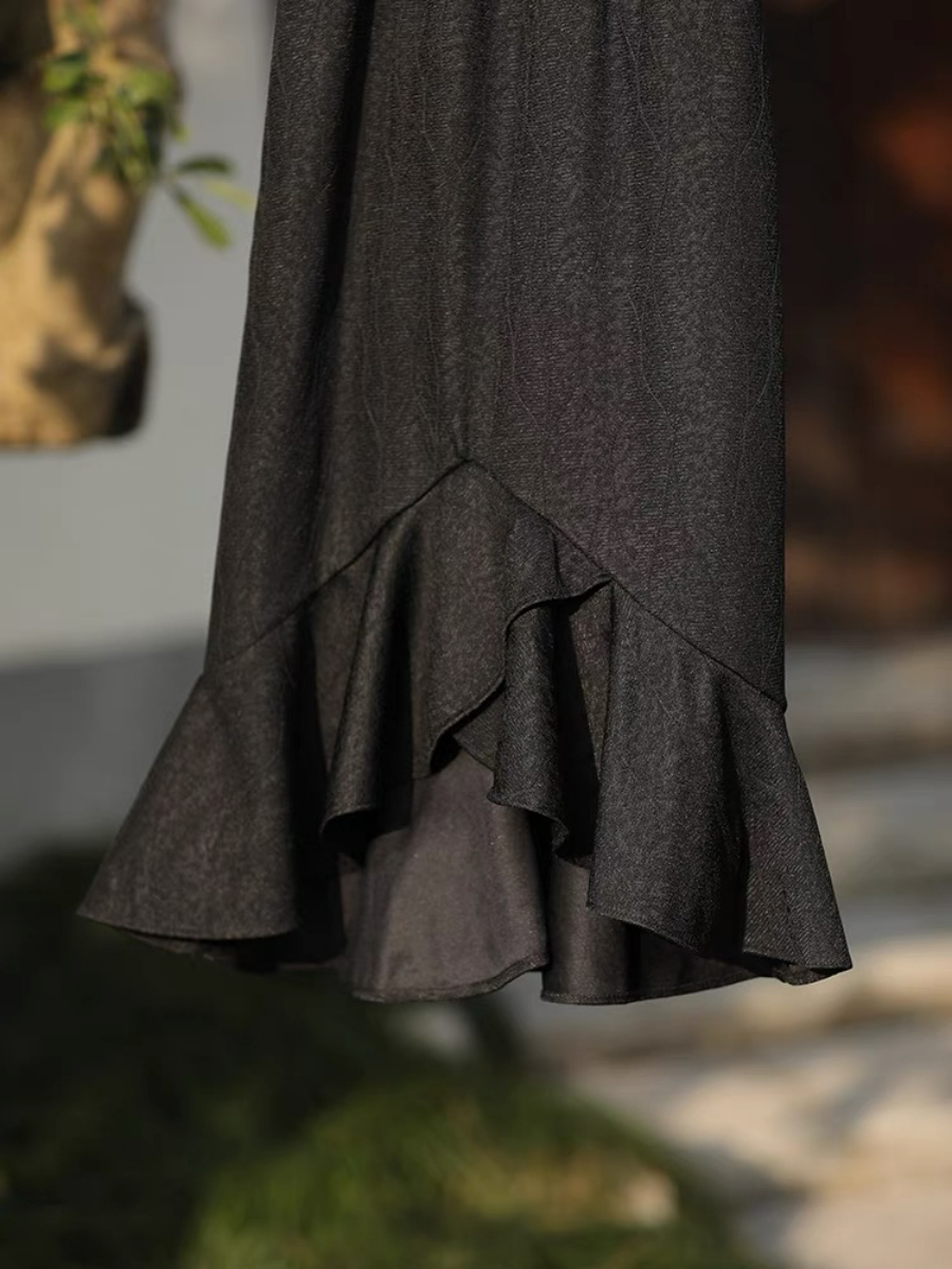 Ya Lian Halter Neck Asymmetric Ruffle Trim Oriental Dress with Pearl Embellishment-The Black Bow-