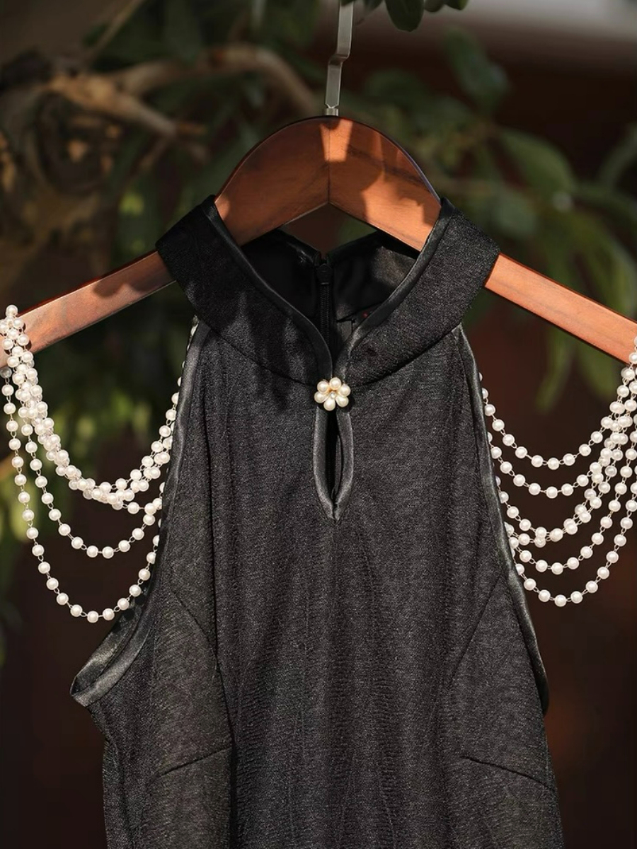 Ya Lian Halter Neck Asymmetric Ruffle Trim Oriental Dress with Pearl Embellishment-The Black Bow-