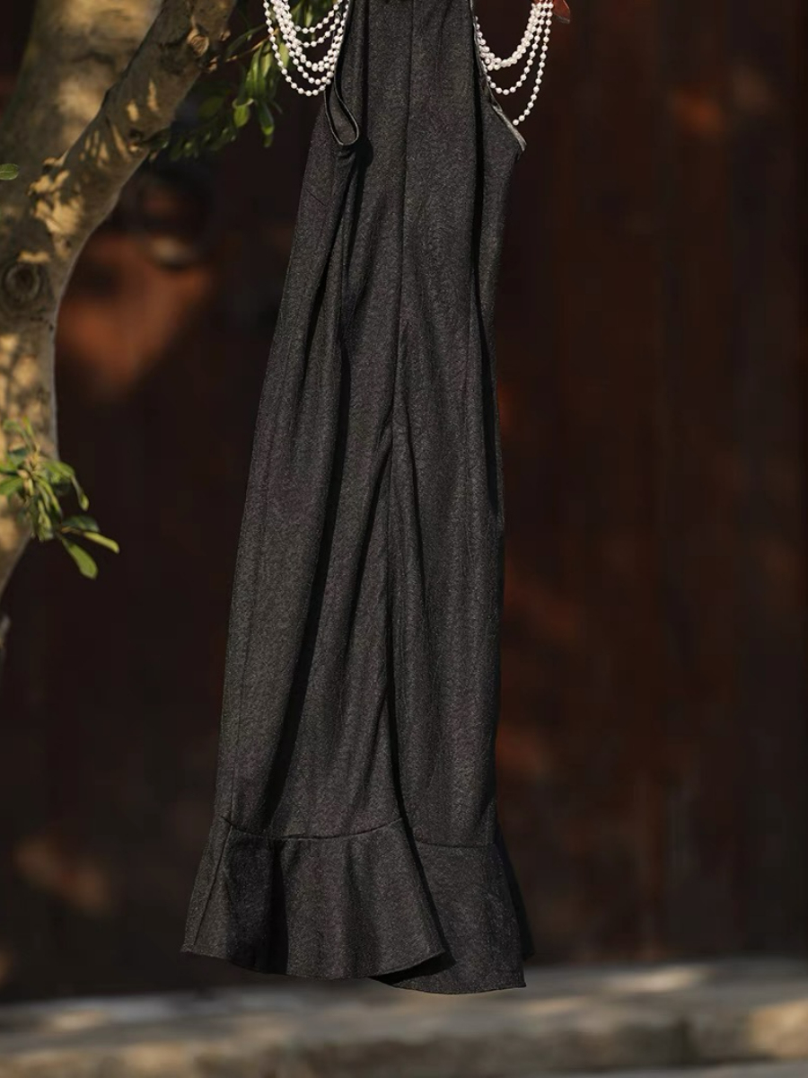 Ya Lian Halter Neck Asymmetric Ruffle Trim Oriental Dress with Pearl Embellishment-The Black Bow-