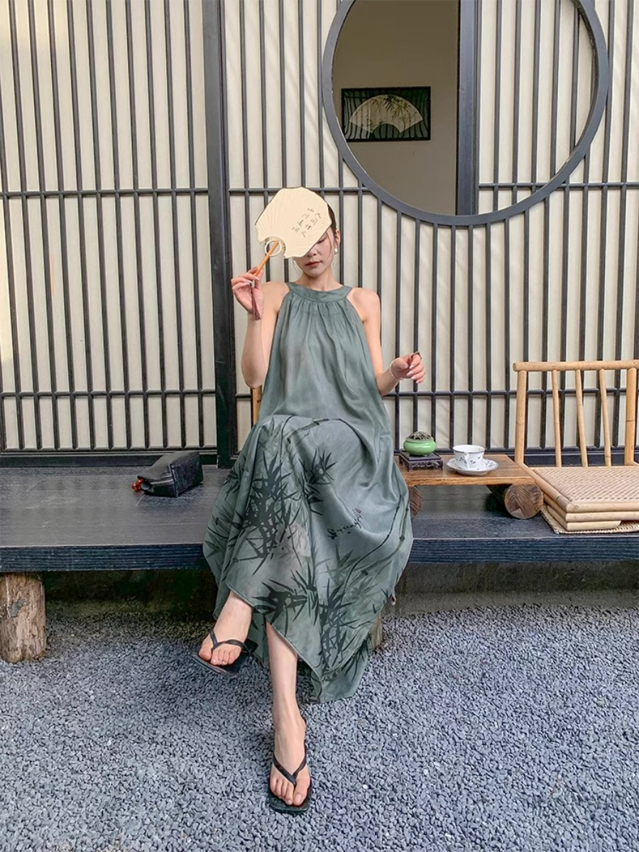 Xin Ci Halter Neck Bamboo Printing Dress