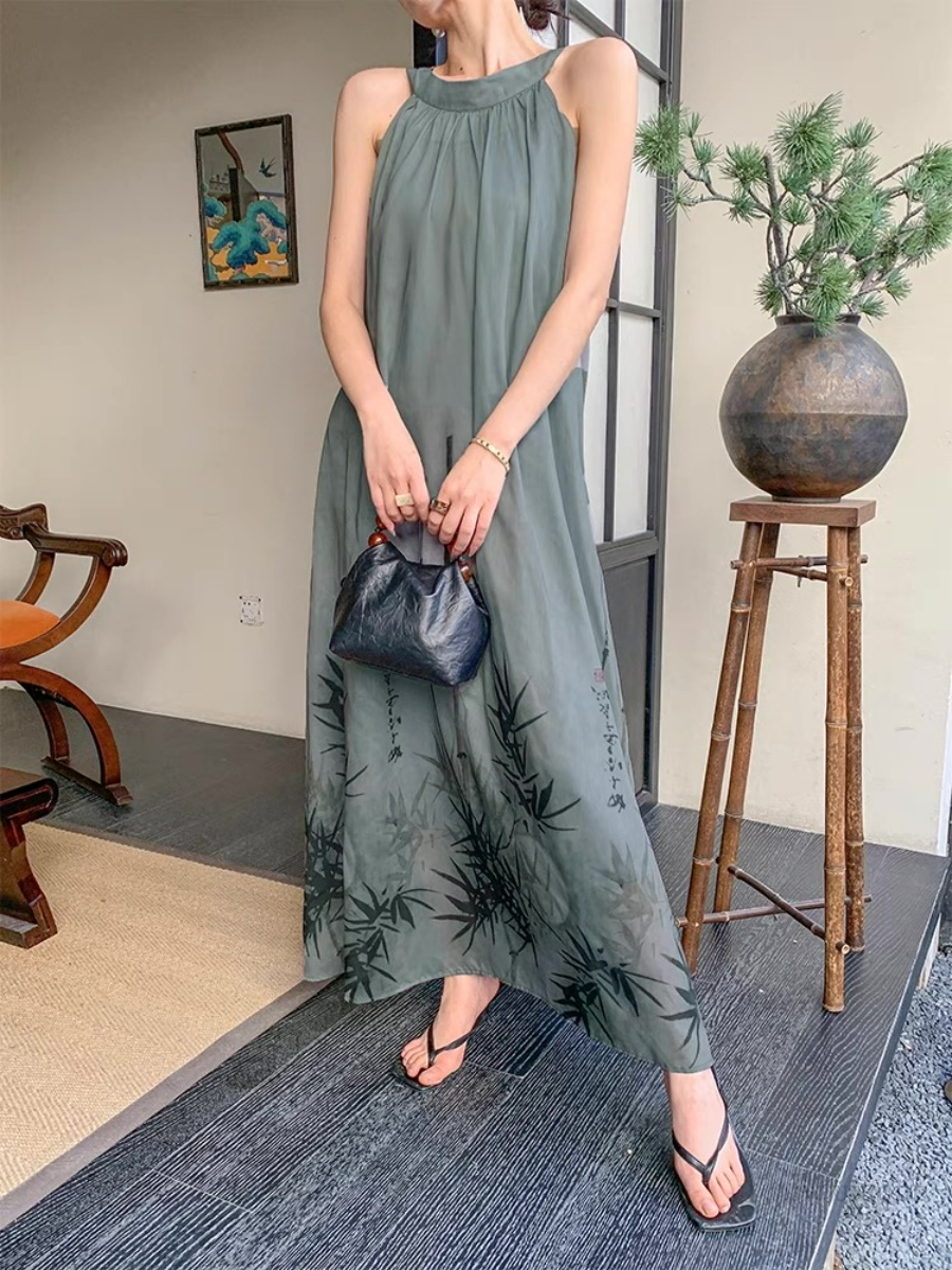 Xin Ci Halter Neck Bamboo Printing Dress