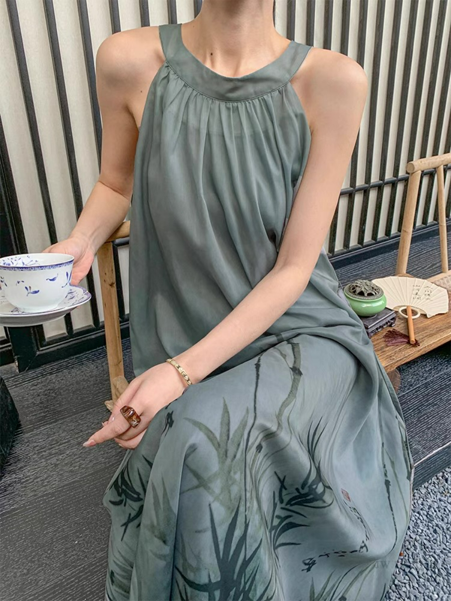Xin Ci Halter Neck Bamboo Printing Dress