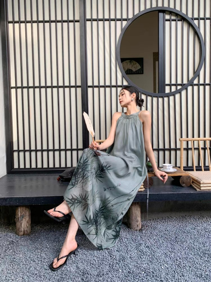 Xin Ci Halter Neck Bamboo Printing Dress