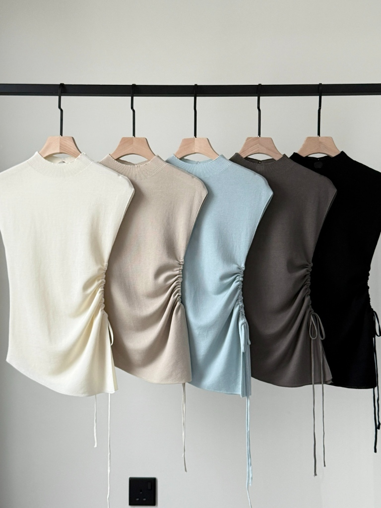 Ellie High Neck Side Ruched Back Button Knit Top