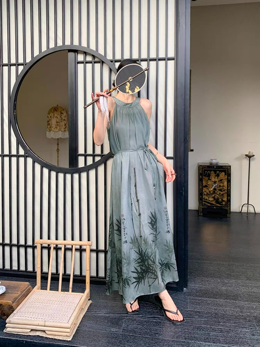 Xin Ci Halter Neck Bamboo Printing Dress
