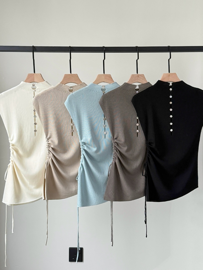 Ellie High Neck Side Ruched Back Button Knit Top