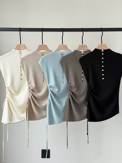 Ellie High Neck Side Ruched Back Button Knit Top