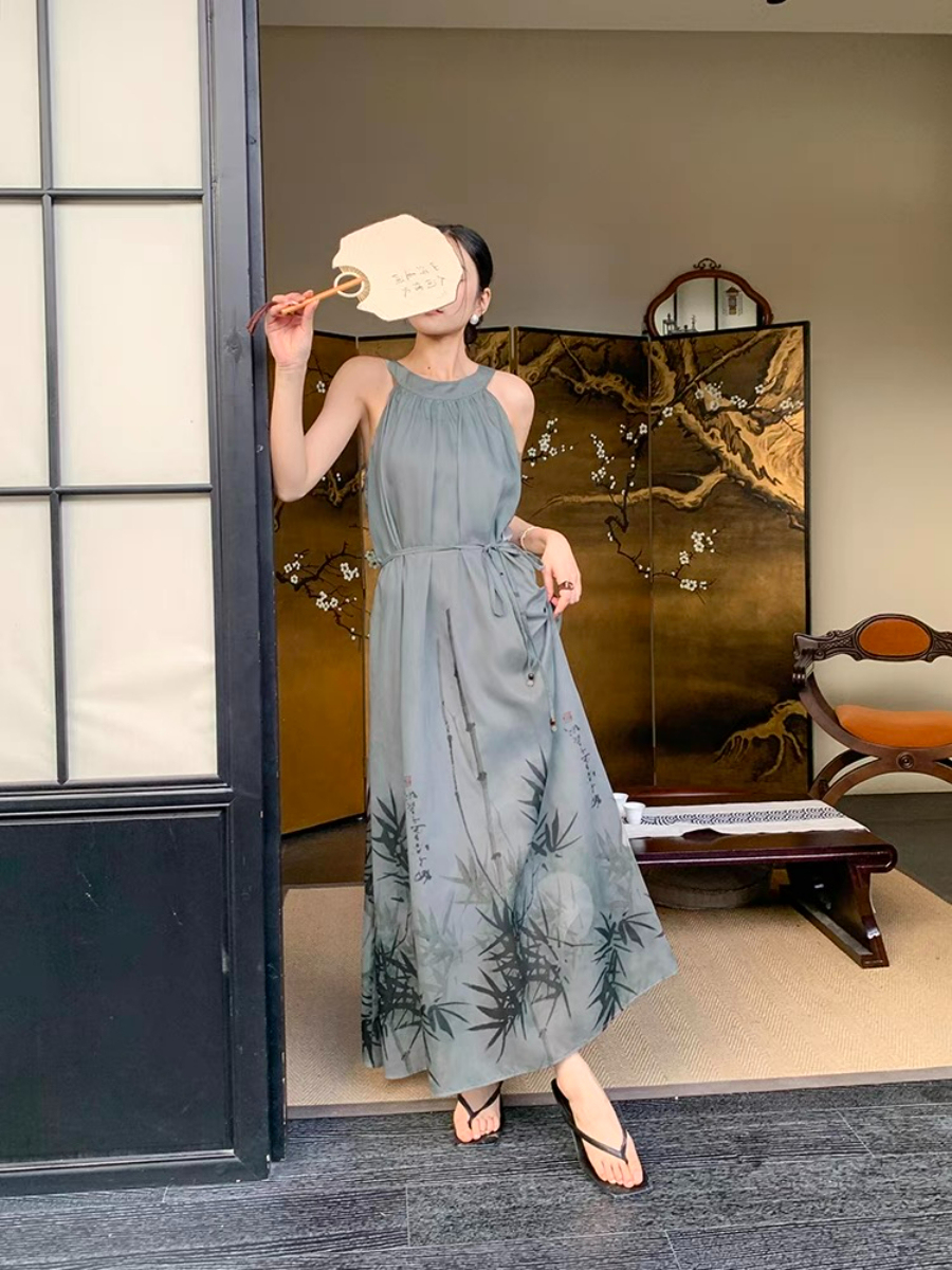 Xin Ci Halter Neck Bamboo Printing Dress