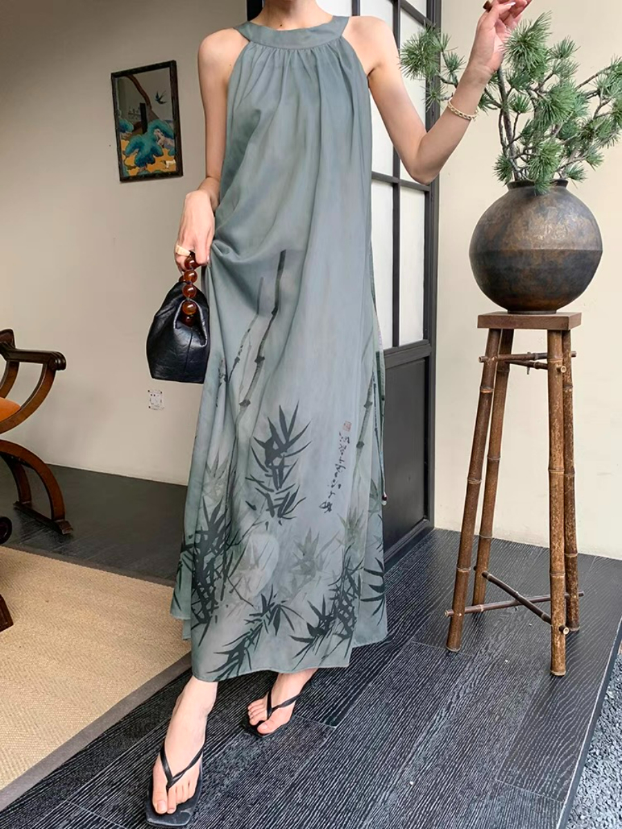 Xin Ci Halter Neck Bamboo Printing Dress