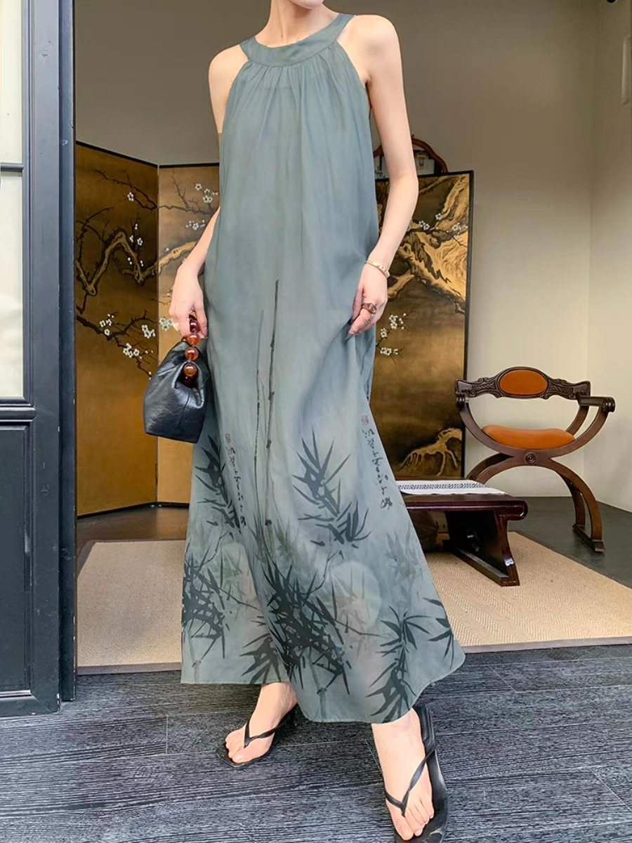 Xin Ci Halter Neck Bamboo Printing Dress
