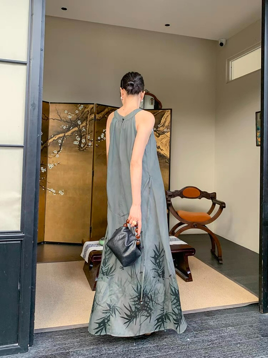 Xin Ci Halter Neck Bamboo Printing Dress