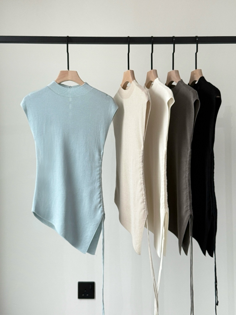 Ellie High Neck Side Ruched Back Button Knit Top