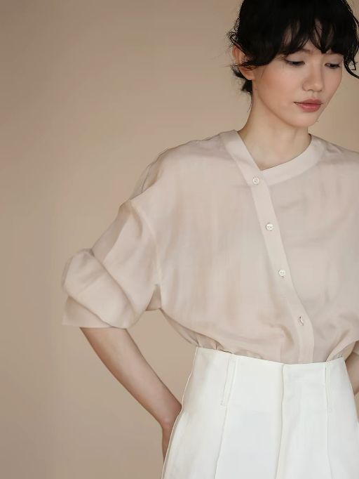 Hanna Asymmetric Button Stand Collar Linen Shirt