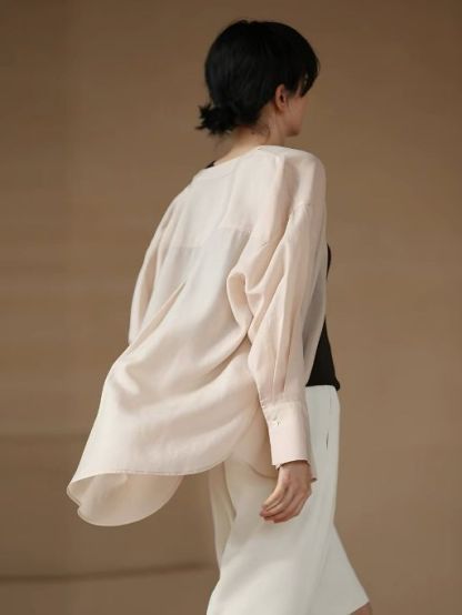Hanna Asymmetric Button Stand Collar Linen Shirt