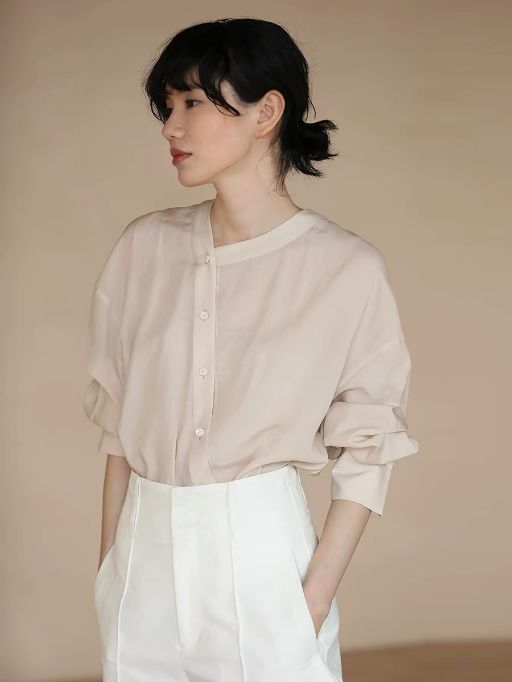 Hanna Asymmetric Button Stand Collar Linen Shirt