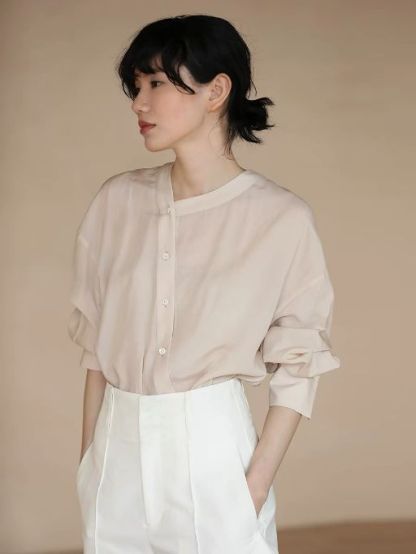 Hanna Asymmetric Button Stand Collar Linen Shirt