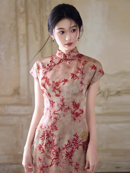 Han Ben Leaf Print Cap Sleeve Cheongsam