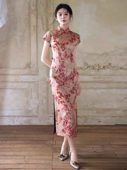 Han Ben Leaf Print Cap Sleeve Cheongsam