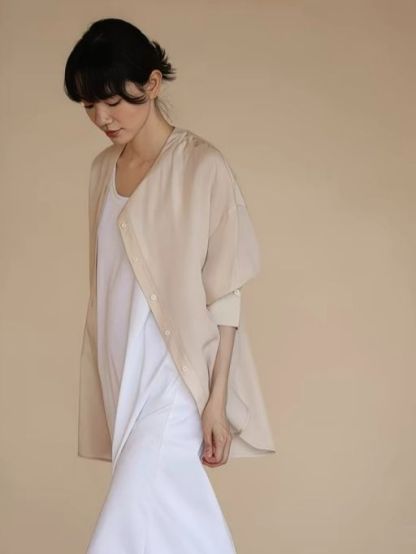 Hanna Asymmetric Button Stand Collar Linen Shirt