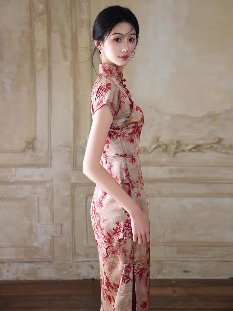 Han Ben Leaf Print Cap Sleeve Cheongsam