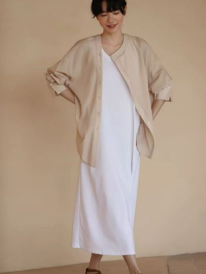 Hanna Asymmetric Button Stand Collar Linen Shirt
