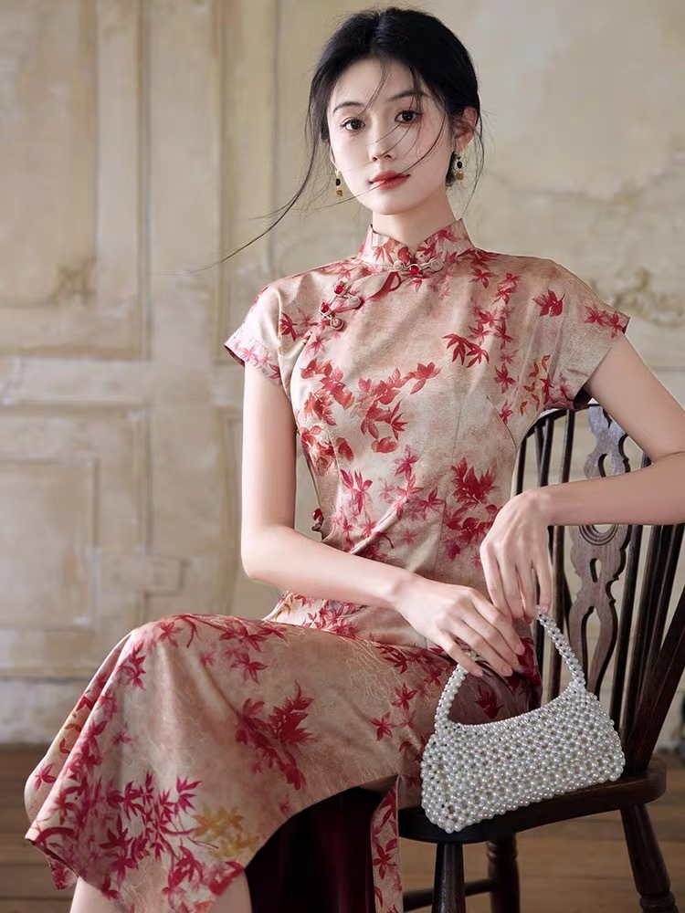 Han Ben Leaf Print Cap Sleeve Cheongsam