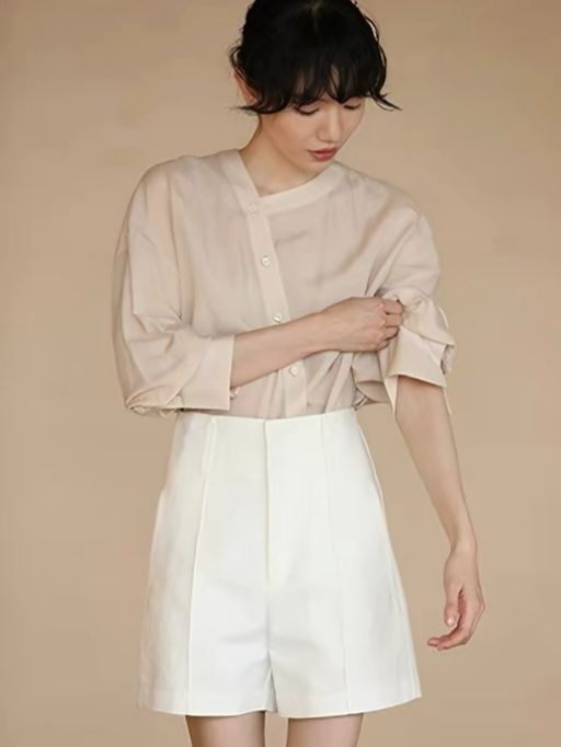 Hanna Asymmetric Button Stand Collar Linen Shirt