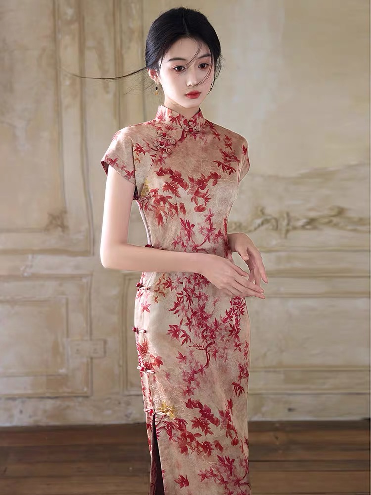 Han Ben Leaf Print Cap Sleeve Cheongsam