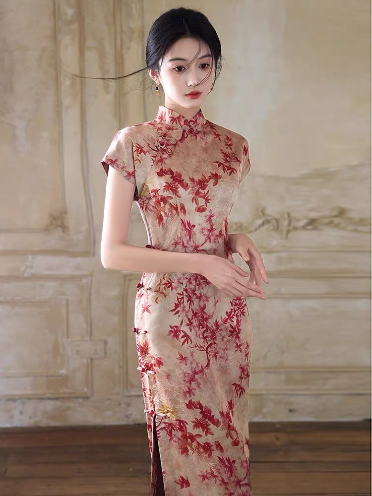 Han Ben Leaf Print Cap Sleeve Cheongsam