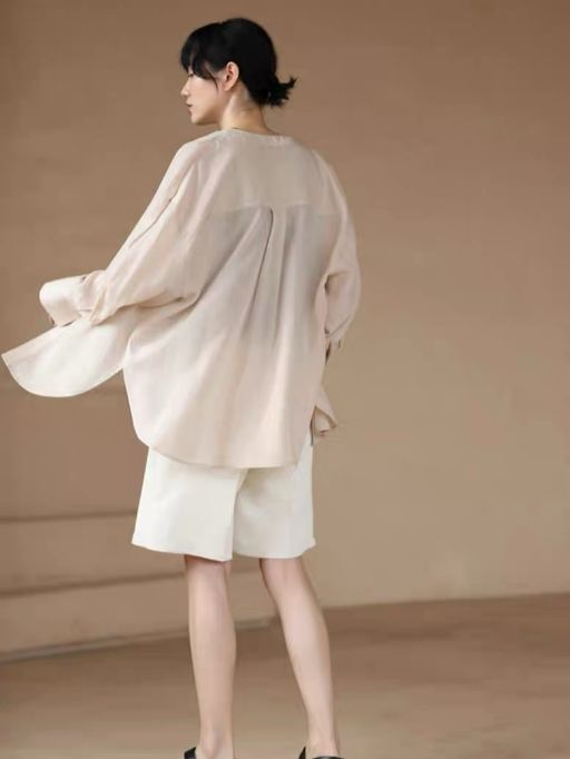Hanna Asymmetric Button Stand Collar Linen Shirt
