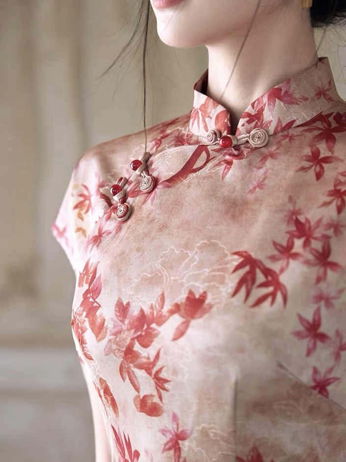 Han Ben Leaf Print Cap Sleeve Cheongsam