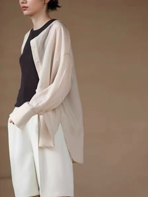 Hanna Asymmetric Button Stand Collar Linen Shirt