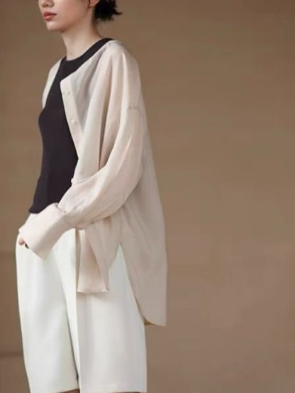 Hanna Asymmetric Button Stand Collar Linen Shirt