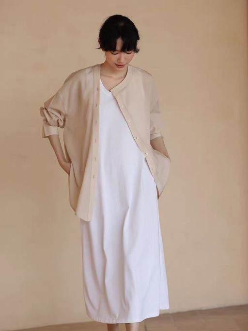 Hanna Asymmetric Button Stand Collar Linen Shirt
