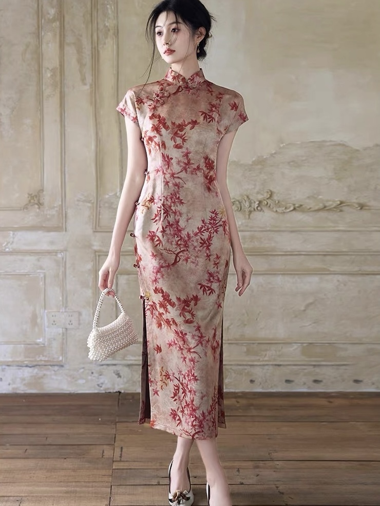 Han Ben Leaf Print Cap Sleeve Cheongsam
