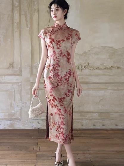 Han Ben Leaf Print Cap Sleeve Cheongsam