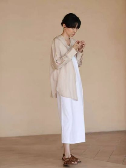 Hanna Asymmetric Button Stand Collar Linen Shirt