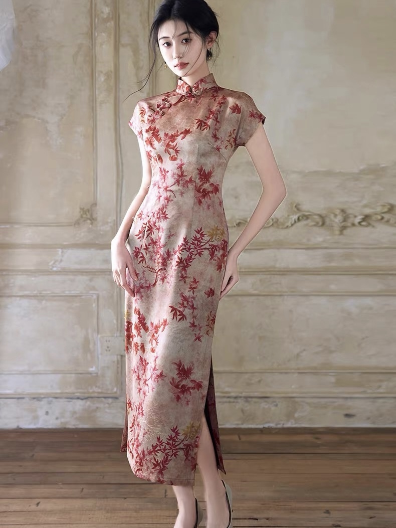 Han Ben Leaf Print Cap Sleeve Cheongsam