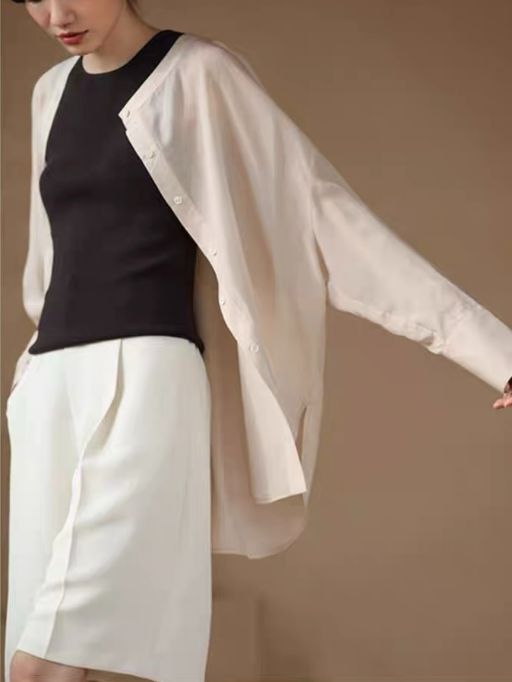 Hanna Asymmetric Button Stand Collar Linen Shirt