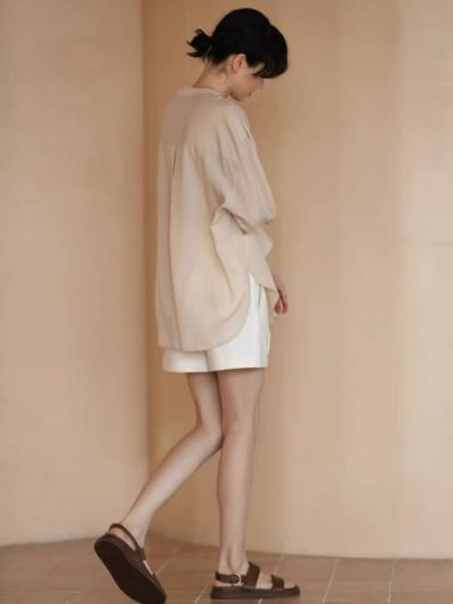 Hanna Asymmetric Button Stand Collar Linen Shirt