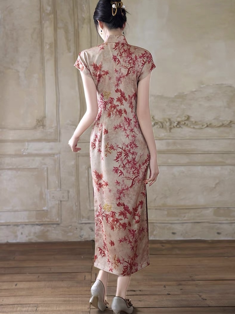 Han Ben Leaf Print Cap Sleeve Cheongsam