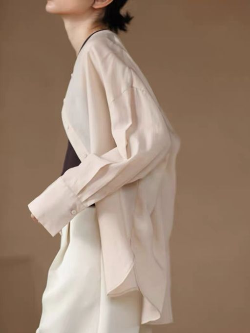 Hanna Asymmetric Button Stand Collar Linen Shirt