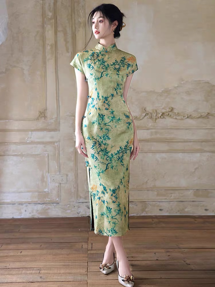 Han Ben Leaf Print Cap Sleeve Cheongsam