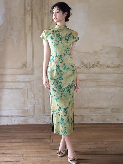 Han Ben Leaf Print Cap Sleeve Cheongsam
