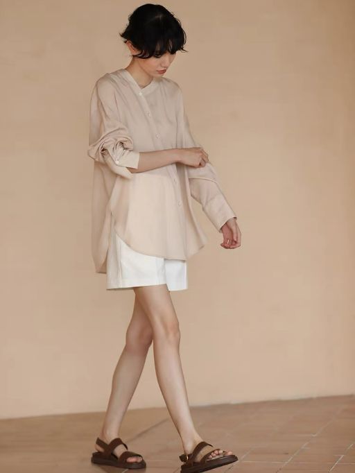 Hanna Asymmetric Button Stand Collar Linen Shirt