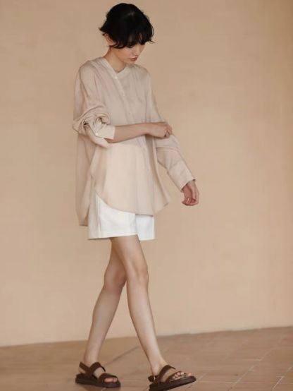 Hanna Asymmetric Button Stand Collar Linen Shirt
