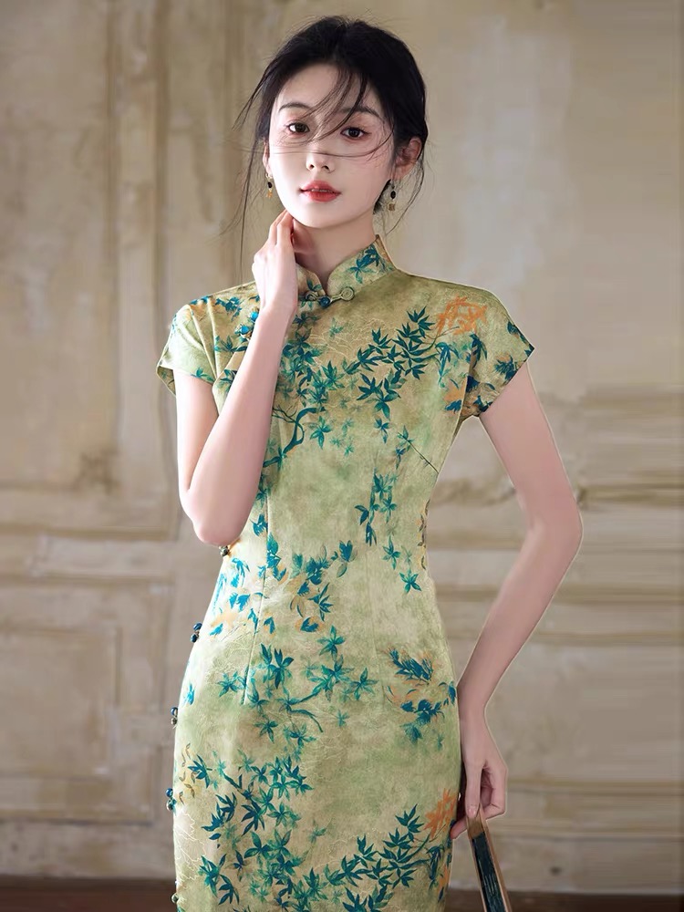 Han Ben Leaf Print Cap Sleeve Cheongsam