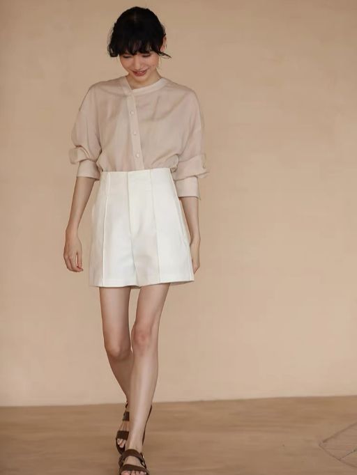 Hanna Asymmetric Button Stand Collar Linen Shirt