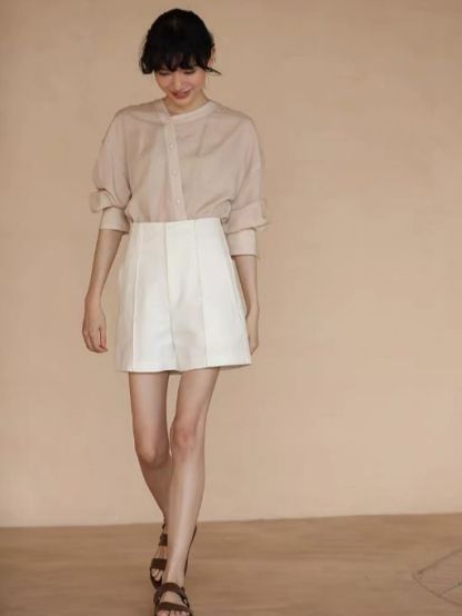 Hanna Asymmetric Button Stand Collar Linen Shirt