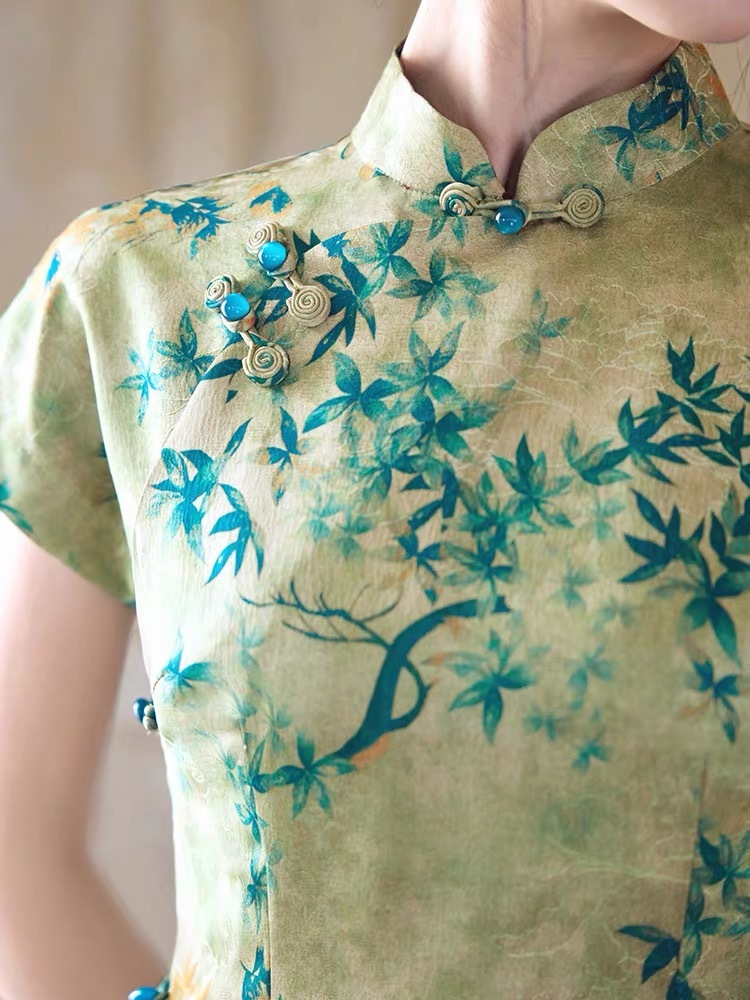 Han Ben Leaf Print Cap Sleeve Cheongsam